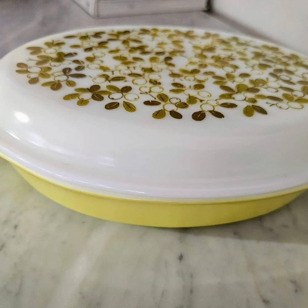 Pyrex White Yellow Olive Green Casserole Dish with Floral Design